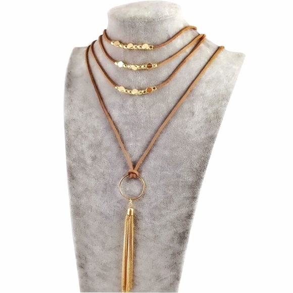 Tan Suede & Gold Beaded Choker Tassel Necklace - Picture 2 of 6
